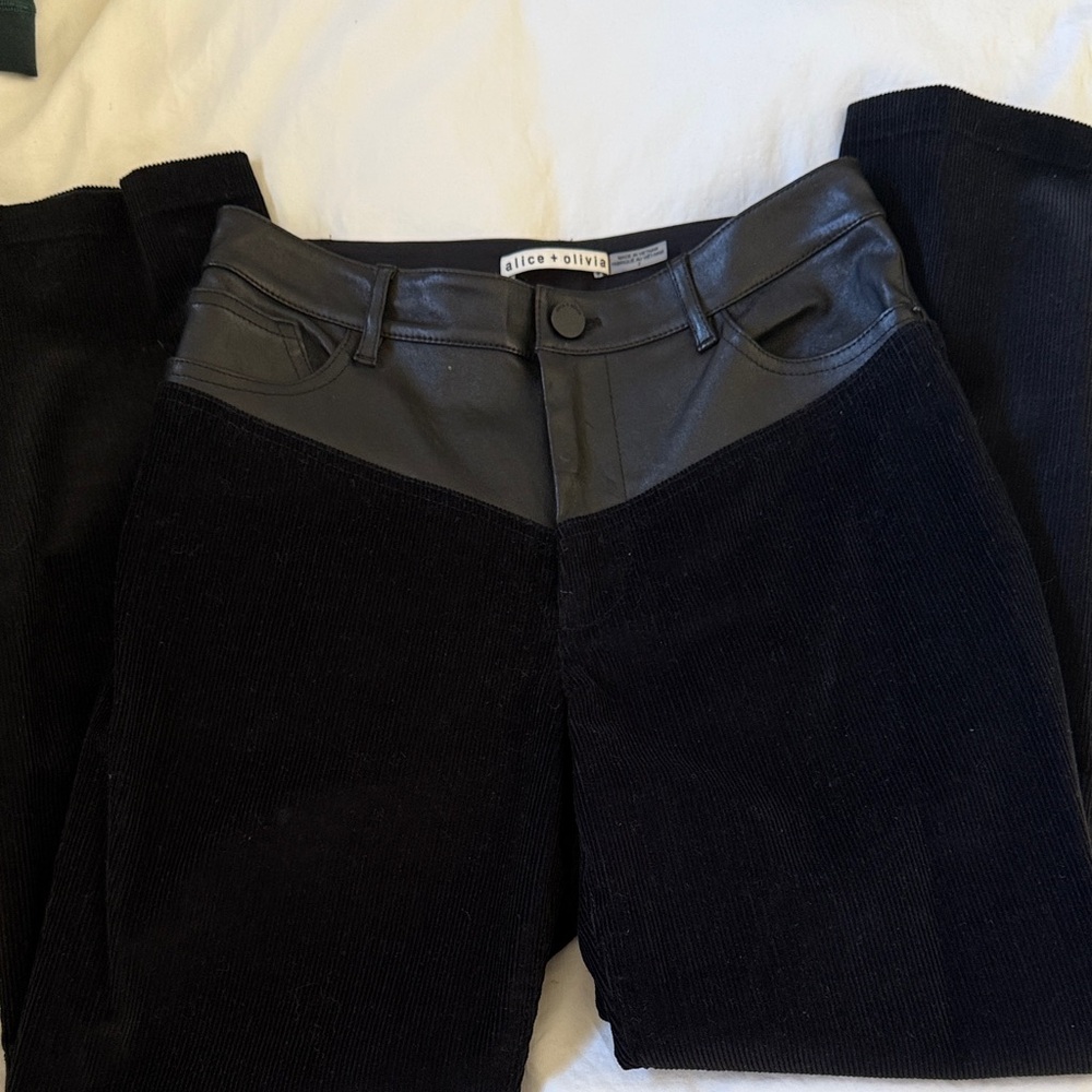 Alice + Olivia mixed media Black Corduroy & Leather Pants